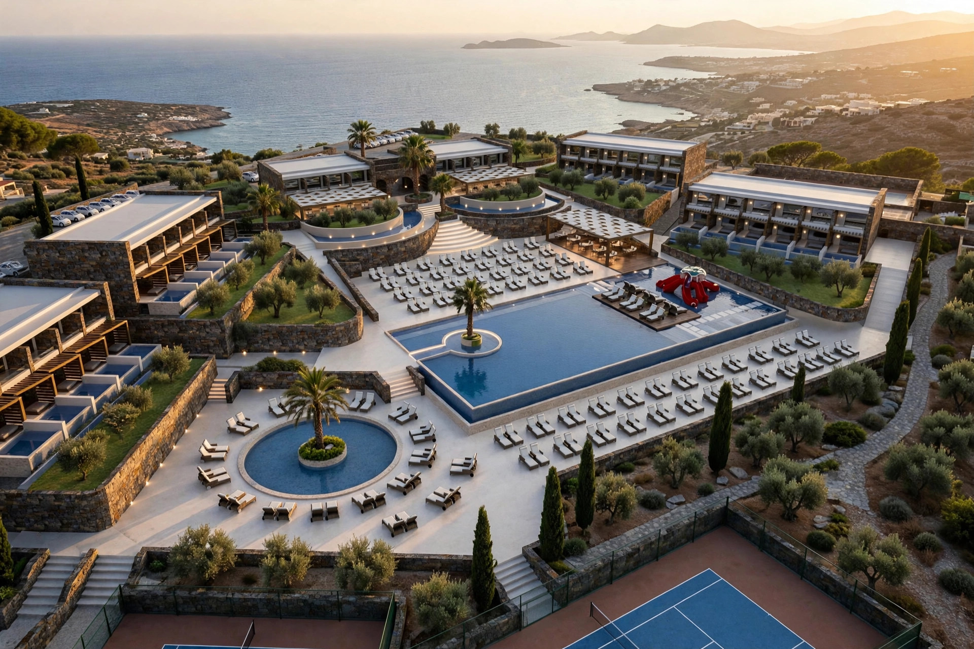 Aerial view of a hillside resort in Crete, Greece, with pools, terraces and the sea beyond