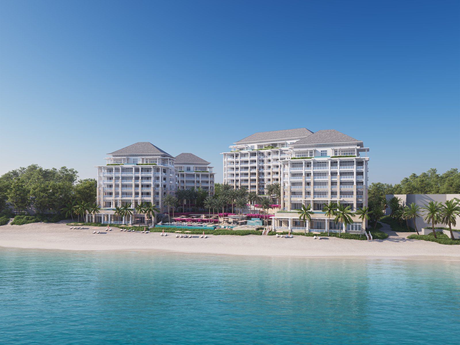 Hero exterior of the beachfront residence buildings at The Ocean Club, Four Seasons Residences, Paradise Island, Bahamas