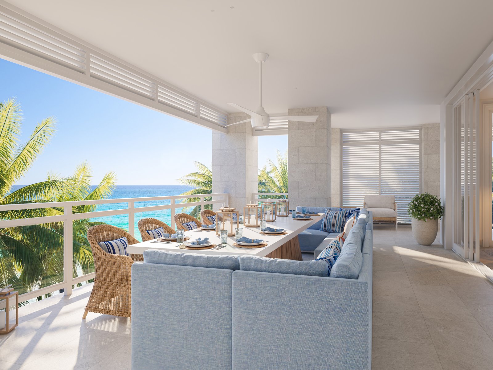 Three-bedroom residence terrace with outdoor dining and ocean view at The Ocean Club, Four Seasons Residences, Paradise Island, Bahamas