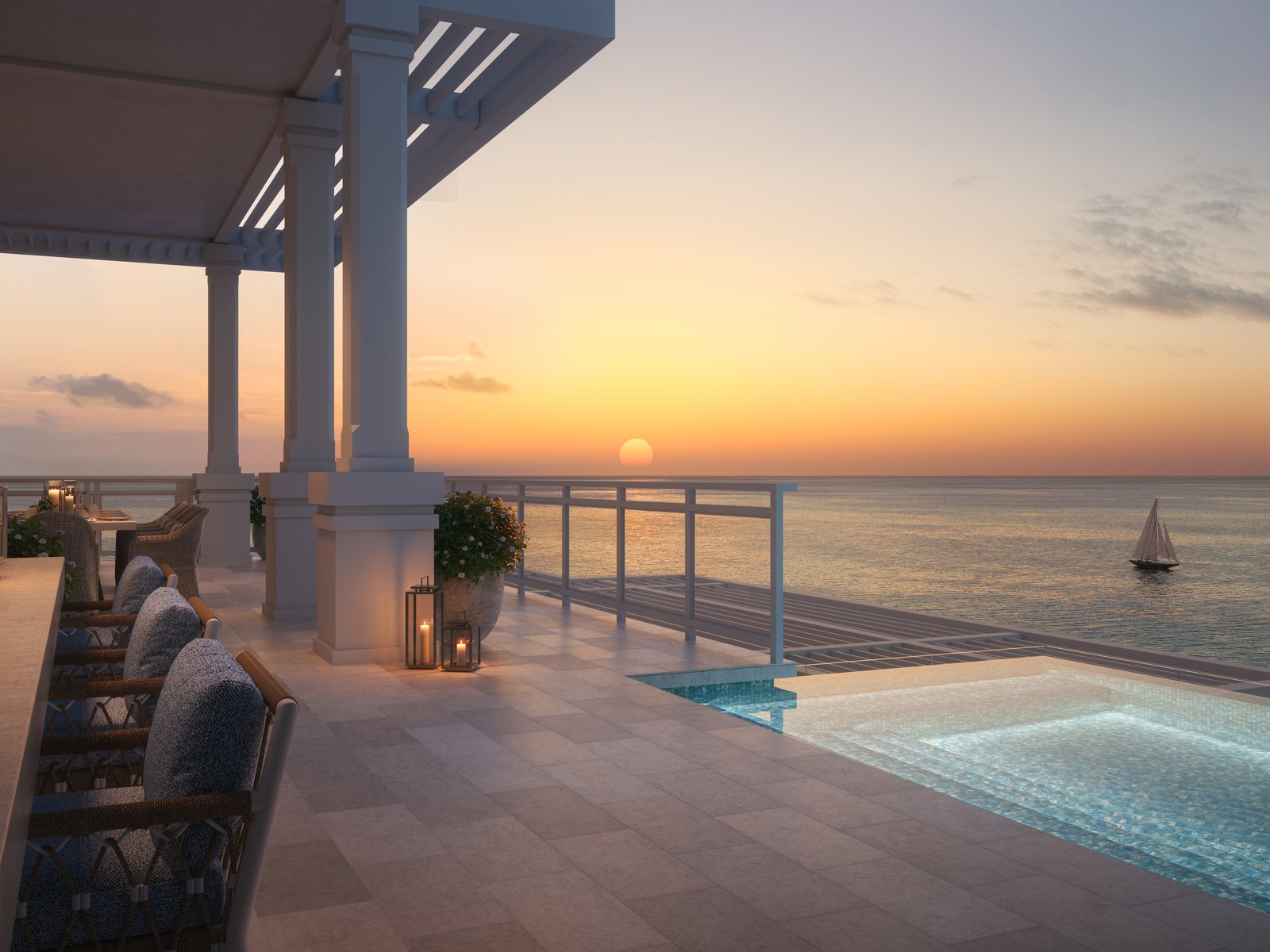 Penthouse terrace pool at sunset overlooking the ocean at The Ocean Club, Four Seasons Residences, Paradise Island, Bahamas